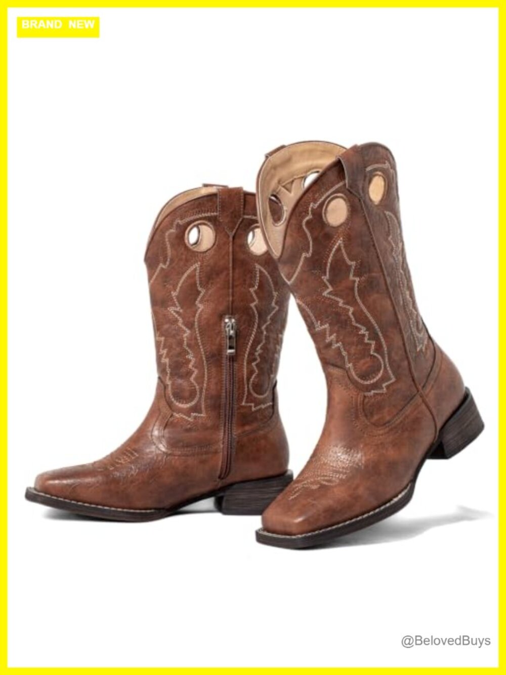 Cowboy Boots Women Wide Calf Western Embroidered Square Toe Mid-Calf Chunky Heel